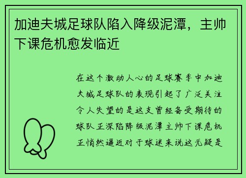 加迪夫城足球队陷入降级泥潭，主帅下课危机愈发临近