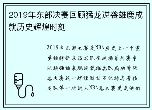 2019年东部决赛回顾猛龙逆袭雄鹿成就历史辉煌时刻